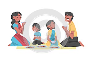 Indian Family with Little Kids Sitting on the Floor Having Meal Together Vector Illustration