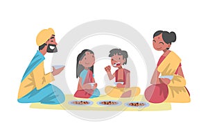 Indian Family with Little Kids Sitting on the Floor Having Meal Together Vector Illustration