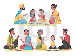 Indian Family with Little Kids Sitting on the Floor Having Meal Together Vector Set