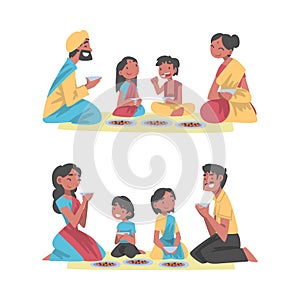 Indian Family with Little Kids Sitting on the Floor Having Meal Together Vector Set