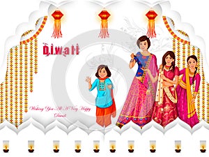 Indian family people celebrating Happy Diwali festival holiday of India