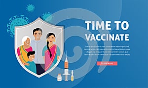 Indian Family Vaccination concept design. Time to vaccinate banner - syringe with vaccine for COVID-19, flu or influenza
