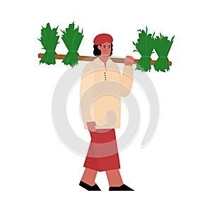 Indian farmer carrying harvest flat cartoon vector illustration isolated.