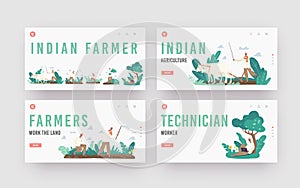 Indian Farmer Landing Page Template Set. Rural Men Characters in Traditional Clothes Plowing Field by Cow, Planting