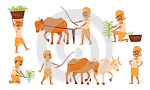 Indian Farmer Wearing Turban Cultivating Plants and Soil Yoking Oxen Vector Set