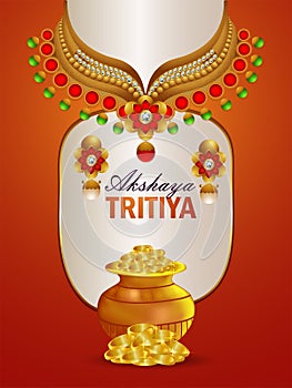 Indian festival akshaya tritiya invitation flyer with realistic golden necklace and gold coin