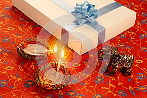 Indian Festival Diwali Diya with Gift Box and ribbon