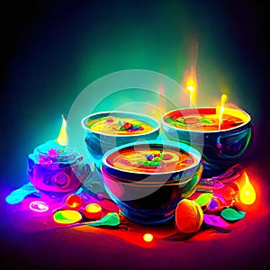 Indian festival Diwali, Diya oil lamps lit in colorful rangoli Generative AI