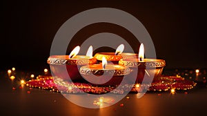 Indian festival Diwali, Diya oil lamps lit on colorful rangoli Generative AI