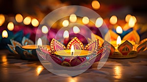 Indian festival Diwali, Diya oil lamps lit on colorful rangoli. Hindu traditional festival of lights. Generative AI