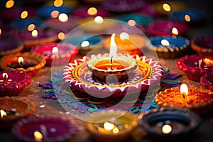 Indian festival Diwali, Diya oil lamps lit on colorful rangoli. Hindu traditional, Indian festival Diwali, Diwali oil lamps lit on