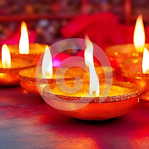 Indian festival Diwali, Diya oil lamps lit on colorful rangoli. Hindu traditional. Selective focus