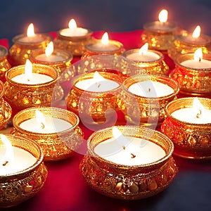 Indian festival Diwali, Diya oil lamps lit on colorful rangoli. Hindu traditional. Selective focus