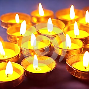 Indian festival Diwali, Diya oil lamps lit on colorful rangoli. Hindu traditional. Selective focus