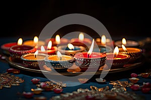 Indian festival Diwali, Diya oil lamps lit on colorful rangoli. Hindu traditional. Selective focus, Diwali festival of lights