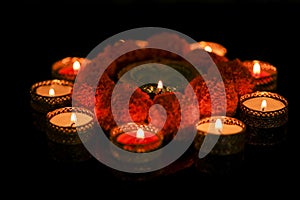 Indian Festival Diwali , oil lamp and flower design on dark background