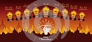 Indian festival Dussehra greeting with Ravana heads showing social evils