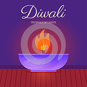 Indian festival Happy Diwali Firecracker. Diya oil lamp. Cartoon modern elements concept for poster and web design