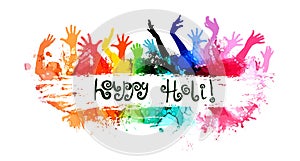 Indian festival happy holy festival, colorful poster, banner background. Multicolored hands raised up. Vector