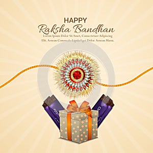 Indian festival happy raksha bandhan celebration greeting card with crystal rakhi and gifts