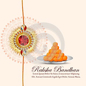 Indian festival of happy raksha bandhan celebration greeting card with rakhi and sweet