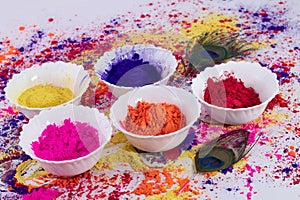 Indian festival Holi, Multiple colors in white bowls