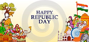 Indian flag background with famous historical monument for 26 January Happy Republic Day of India