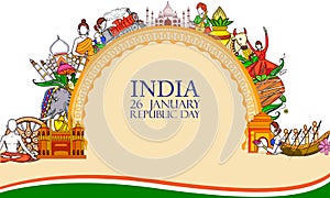 Indian flag background with famous historical monument for 26 January Happy Republic Day of India