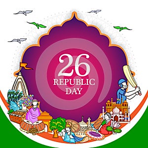 Indian flag background with famous historical monument for 26 January Happy Republic Day of India