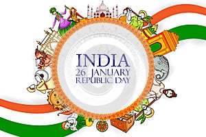 Indian flag background with famous historical monument for 26 January Happy Republic Day of India