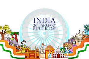 Indian flag background with famous historical monument for 26 January Happy Republic Day of India