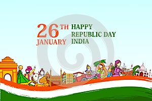 Indian flag background with famous historical monument for 26 January Happy Republic Day of India