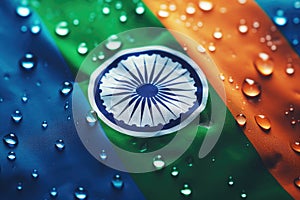 indian flag with raindrops - close up view of indian flag, Drops of water on India flag background. Shallow depth of field, AI