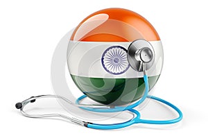 Indian flag with stethoscope. Health care in India concept, 3D rendering