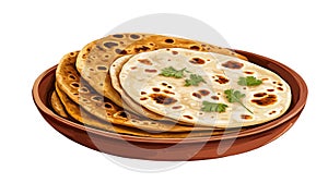 Indian flatbreads, roti, naan, chapati, paratha, poori, bhatura, kulcha, phulka, missi roti, tandoori roti in clay dish. Fresh, photo