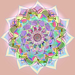 INDIAN FLOWER MANDALA. PASTEL COLORS PALLET. PLAIN SOFT PINK BACKGROUND. CENTRAL FLOWER WITH CIRCLES IN PINK, FUCHSIA, TURQUOISE