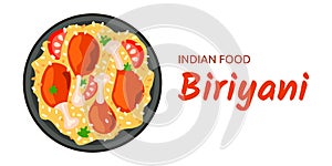 Indian food Biryani - dish of rice, chicken legs on dark plate. View from above. Vector illustration