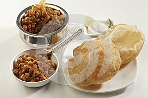 Indian Food: Chana Masala and deep fried Puri.