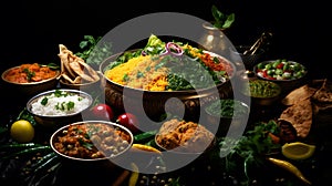 Indian food Curry butter chicken, Palak Paneer, Chiken Tikka, Biryani, Vegetable Curry, Papad, Dal, Palak Sabji, on a dark