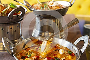 Indian food dishes with the typical mild and spicy curries