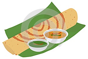 Indian food Dosa vector Illustration, South Indian Food Dosa with Sambar and chutney Illustration