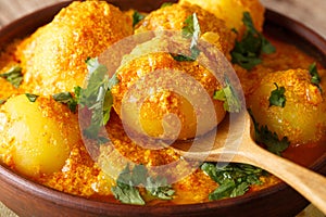 Indian food: Dum aloo potatoes in a curry sauce close-up. horizontal