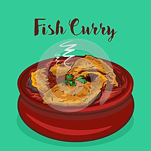 Indian food fish curry vector illustration. Fish dish