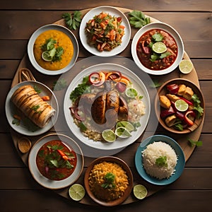 Indian food includes chicken tikka masala, chicken biryani, chapati, rice, paneer, chutney, onion, lemongrass, coriander, dahi