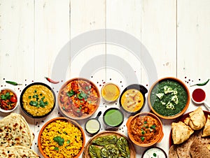 Indian food and indian cuisine dishes, copy space