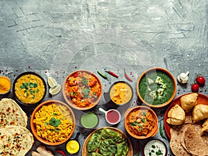 Indian food and indian cuisine dishes, copy space