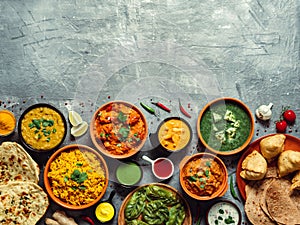 Indian food and indian cuisine dishes, copy space