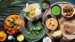 Indian food and indian cuisine dishes, copy space