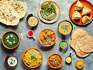 Indian food and indian cuisine dishes, top view