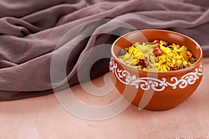 Indian Food Maharashtra Poha with Peanuts in a Pottery Bowl